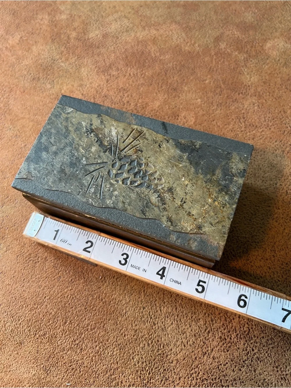 Handcrafted Antique Metal Accent Box with pinecone imprint